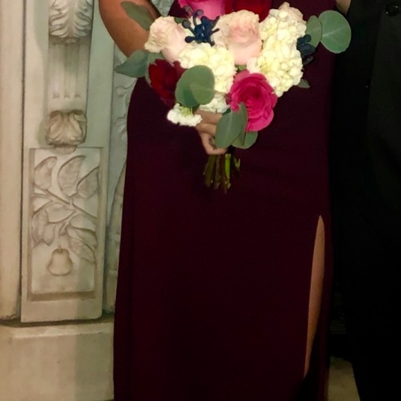 Burgundy off the shoulder dress w/slit - Picture 5 of 6